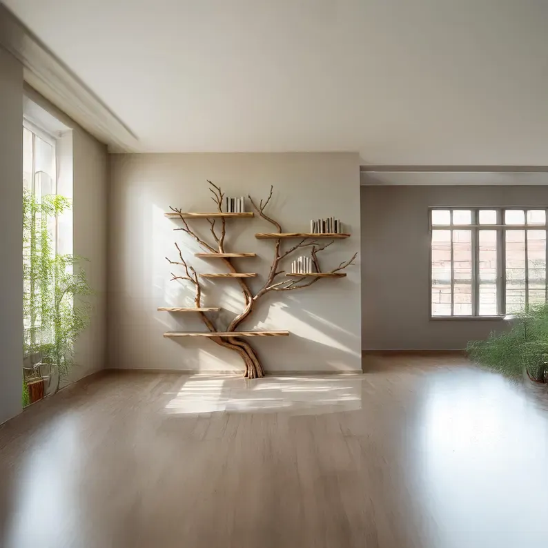 Large Floor-to-Ceiling Wooden Tree-Shape Bookshelf